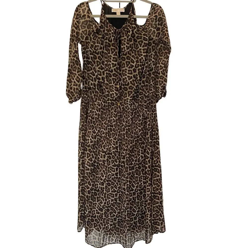 Michael Kors Women's Cold Shoulder Long Sleeves Leopard Print Maxi Dress Size XL
